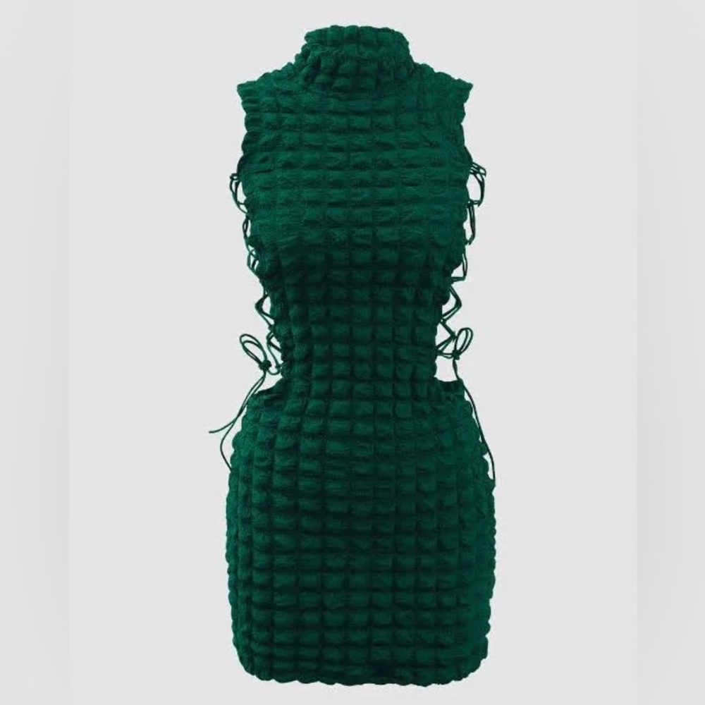 Lace Up Bubble Textured Mini Dress